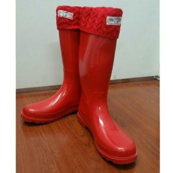 Women's Rainboots, Rubber Tall Rain Boots with Cuff, RB-3104, Red - Picture 2 of 3